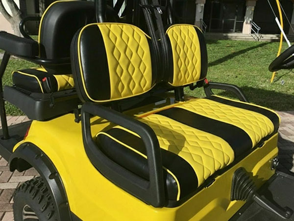 Yellow and Black Custom Seats golf cart maintenance, port charlotte golf cart service, battery service
